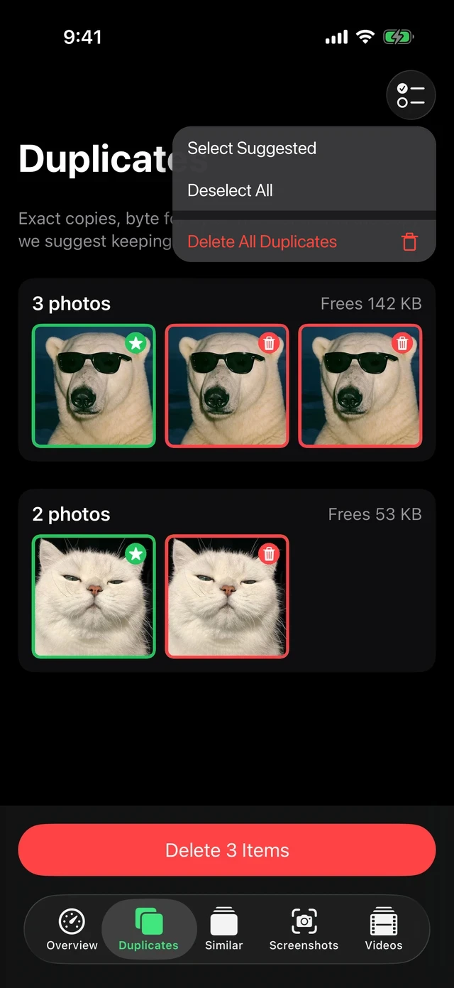 MacZentra on iPhone listing duplicate photos grouped by reclaimable space