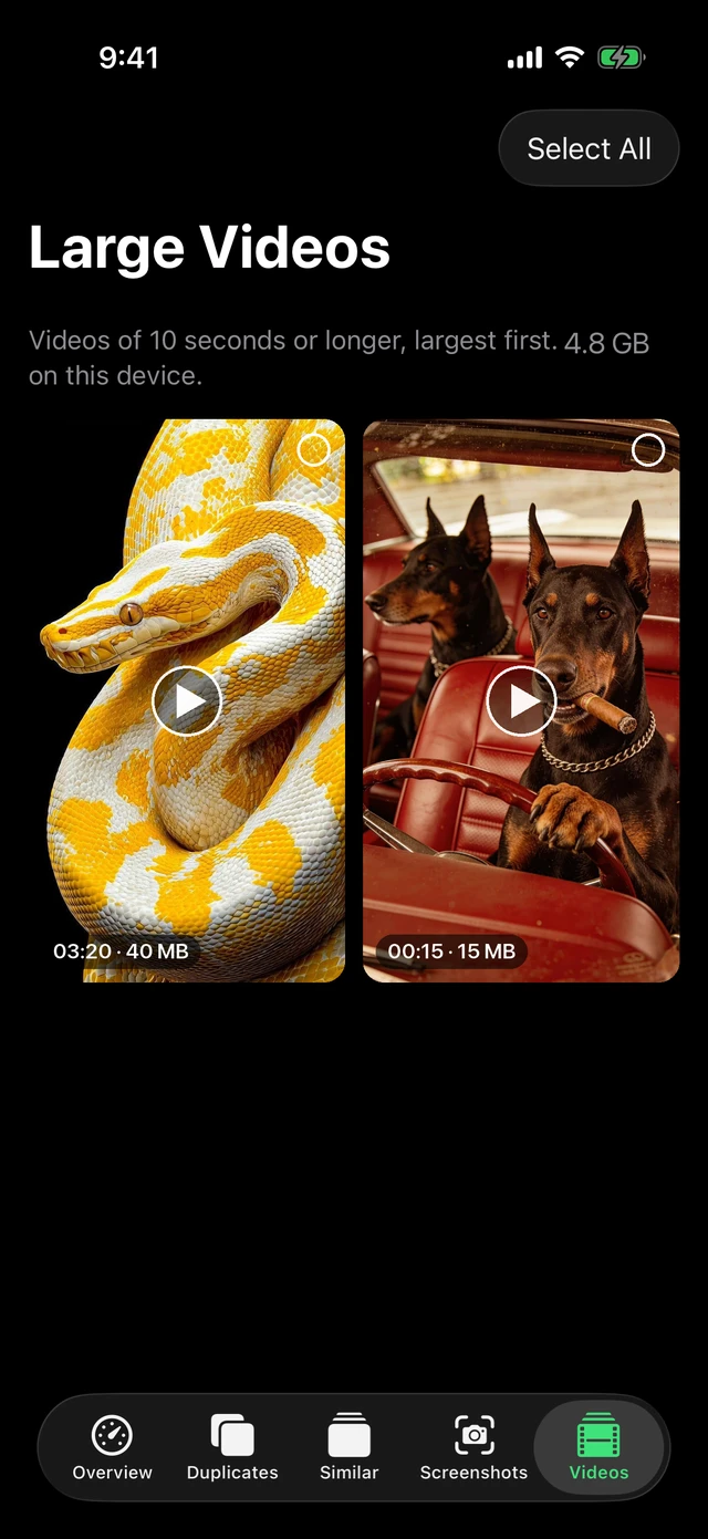 MacZentra on iPhone listing the largest videos
