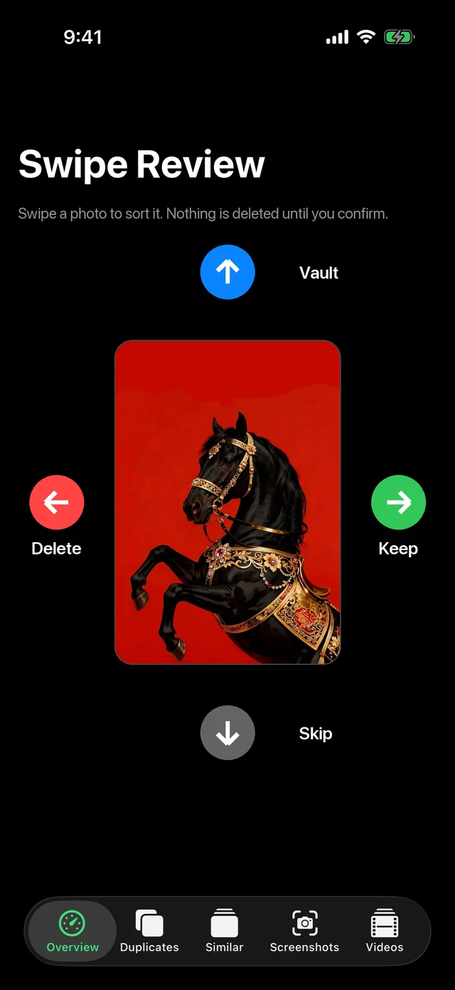 MacZentra on iPhone swipe review with arrows for delete, keep, vault and skip