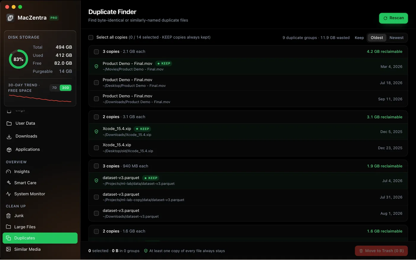 Duplicate files grouped by reclaimable space in the MacZentra App Store edition