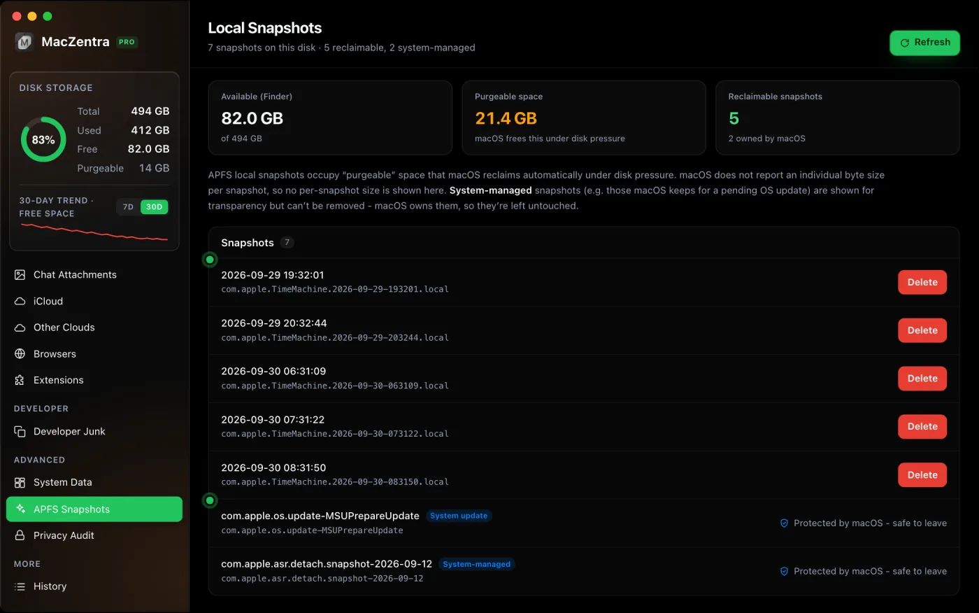 Local APFS snapshots list in the MacZentra App Store edition