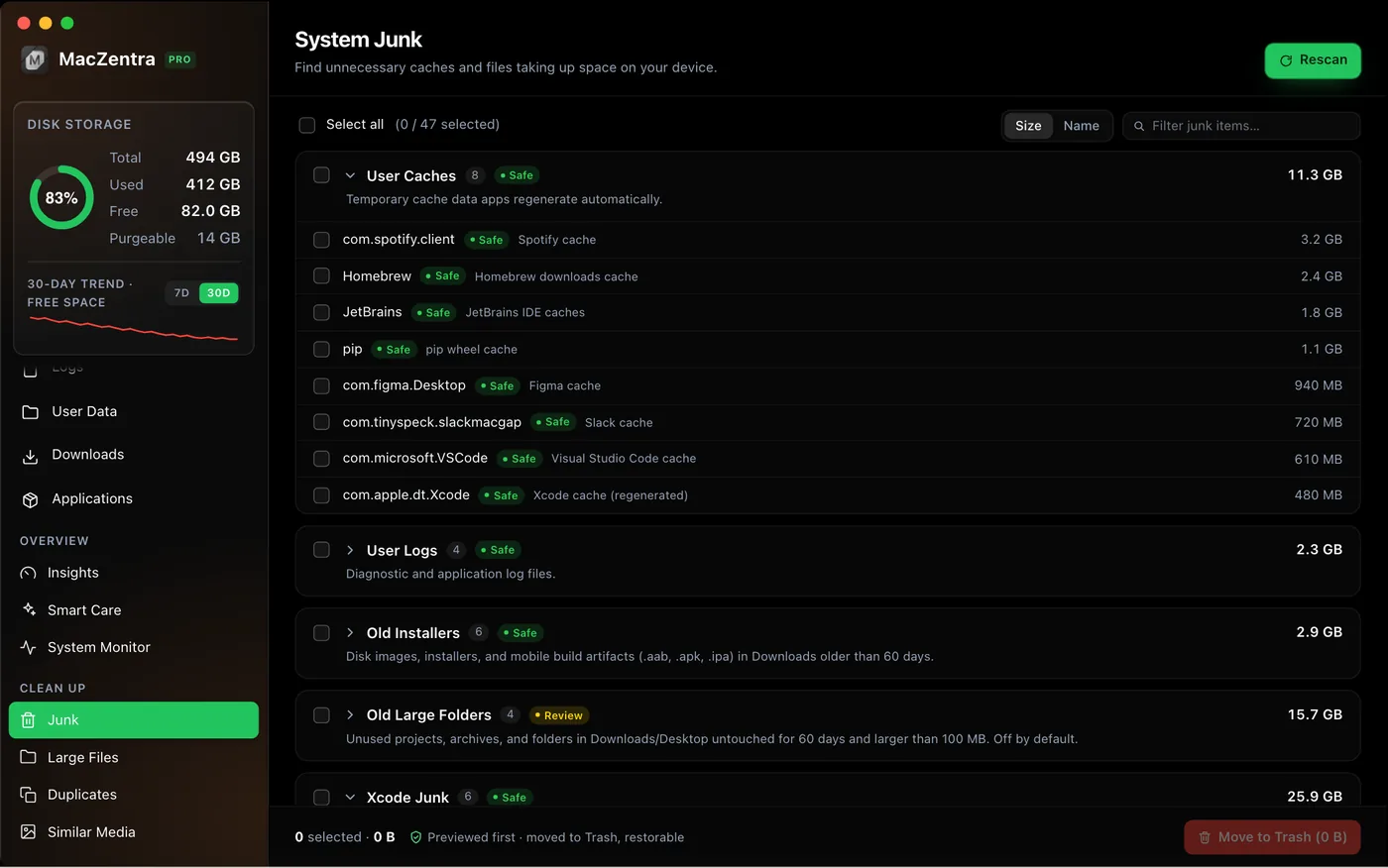 Junk and cache cleanup list in the MacZentra App Store edition