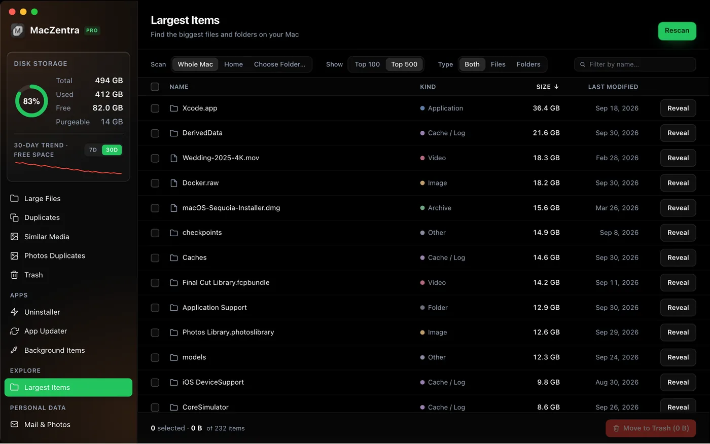 Largest files and folders list in the MacZentra App Store edition