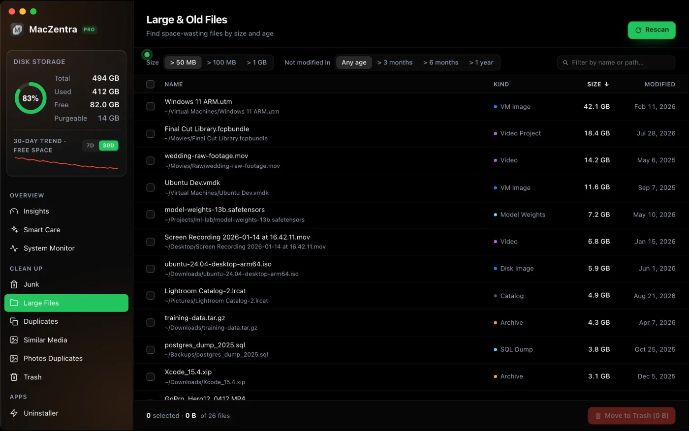 MacZentra Large Files screen ranking the biggest files on a Mac by size and age