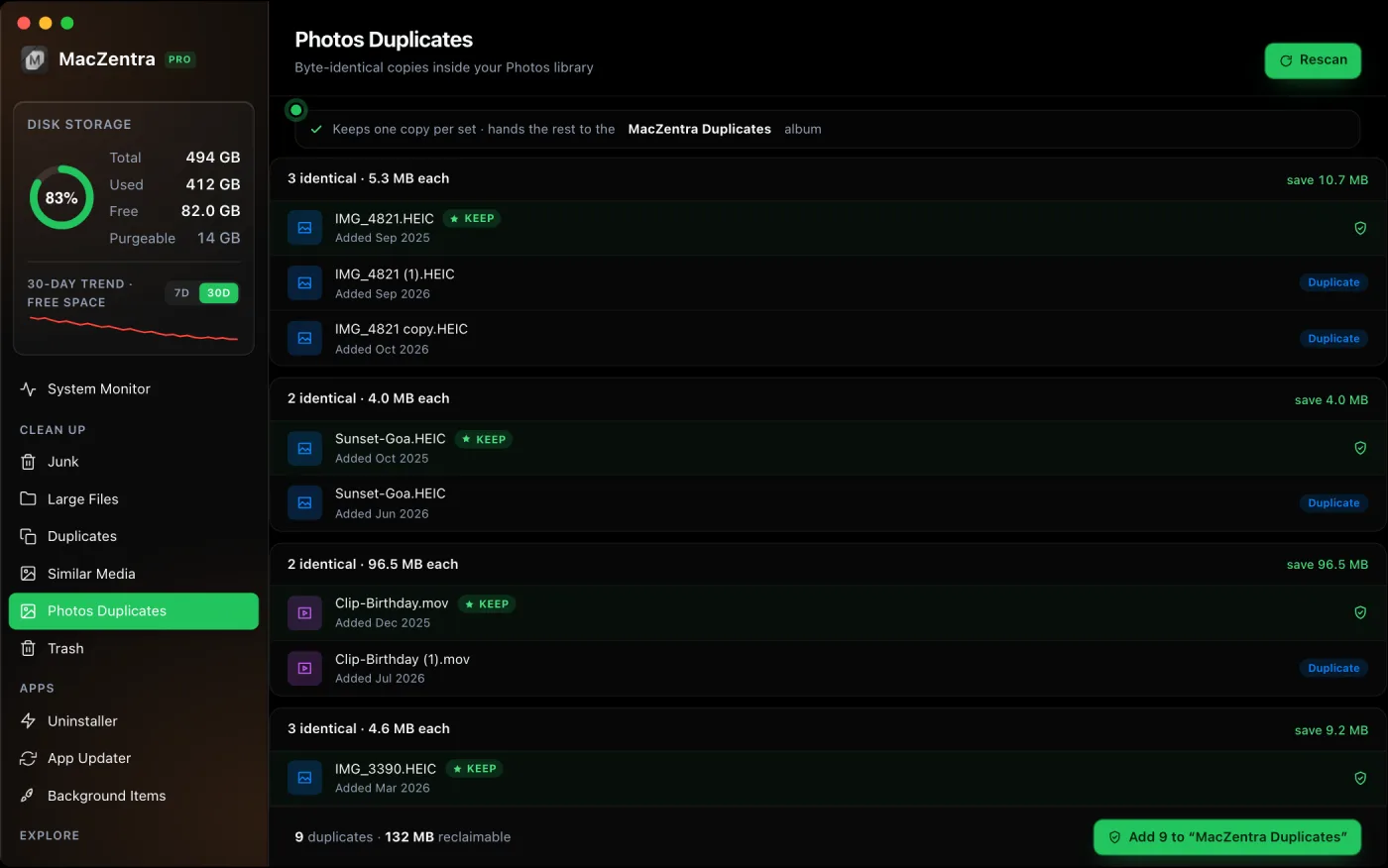 MacZentra Photos Duplicates screen showing identical HEIC and MOV files grouped by wasted space
