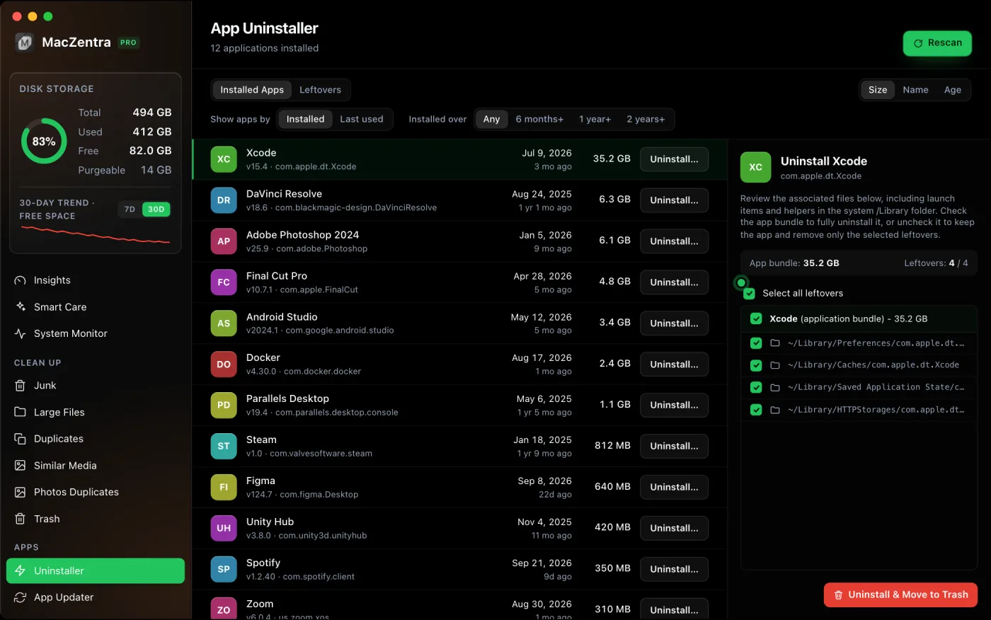 MacZentra Uninstaller screen listing installed apps with their size on disk and leftover support files